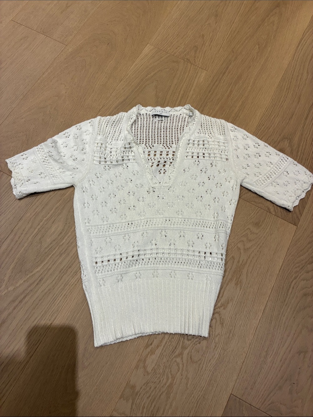 Sandro White Crochet Knit V-Neck Top